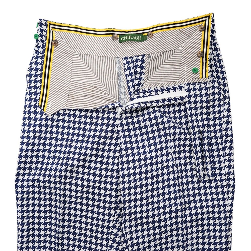Mens 32 Gurkha Pants Blue White Houndstooth Cotton High Waist Straight Trousers - Picture 5 of 7